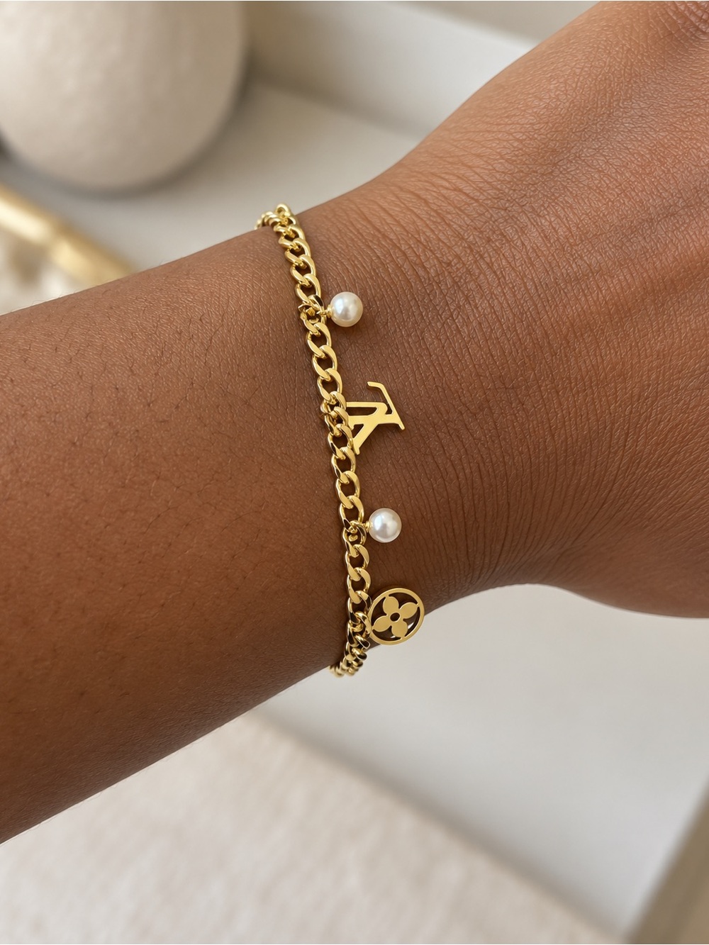 Gold Pearl Charm Chain Bracelet